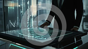 Man in suit analyzing data on interactive table with digital interface