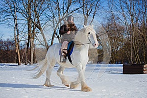 Man in suit of ancient warrior riding big white horse