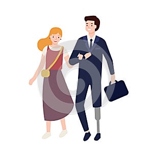 Man in suit with artificial limb walking with his girlfriend, wife or friend. Male character with leg prosthesis with