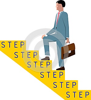 The man in the suit with briefcase up the stairs with inscription `step` for each step