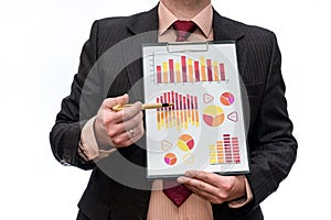 Man in suit with business graphs on clipboard isolated