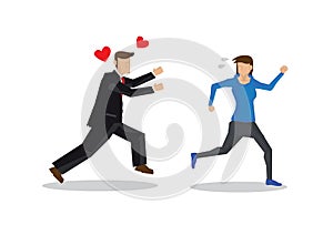 Man in suit chasing a beautiful woman. Concept of seduction or harassment