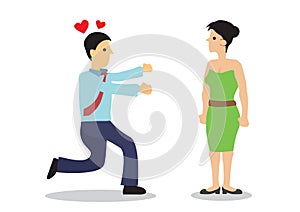 Man in suit chasing a beautiful woman. Concept of seduction or harassment
