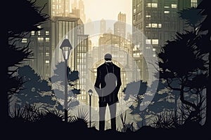 Man in suit on city street. Abstract career chalenge in city jungle concept. Generative AI