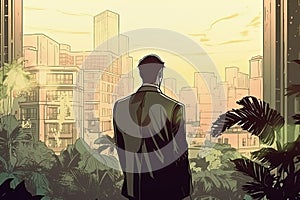 Man in suit on city street. Abstract career chalenge in city jungle concept. Generative AI