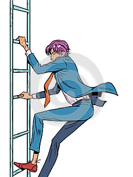 A man in a suit climbs or descends a ladder. Career ladder requires work and effort. Striving to reach your goal. Pop