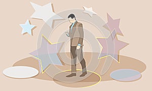 A man in a suit on a colorful background. Illustration of steps to success. A symbol of progress. Abstraction of problem solving.