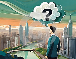 Man in a suit contemplating a cityscape with a question mark cloud above, symbolizing uncertainty and reflection