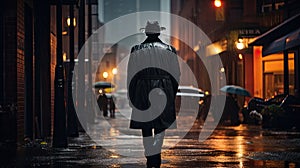 A man in a suit and cowboy hat walking down an empty city street