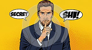 Man in a suit depicted in pop art style holds a finger to his lips, signaling silence. photo