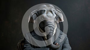 A man in a suit with an elephant head and trunk, AI