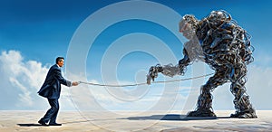 man in suit with engaged in a struggle against an iron giant robot with chain, surreal concept