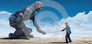 man in suit with engaged in a struggle against an iron giant robot with chain, surreal concept