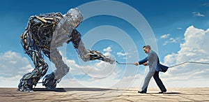 man in suit with engaged in a struggle against an iron giant robot with chain, surreal concept