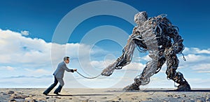 man in suit with engaged in a struggle against an iron giant robot with chain, surreal concept