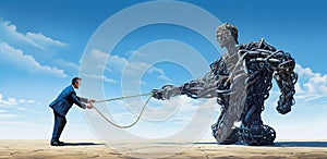 man in suit with engaged in a struggle against an iron giant robot with chain, surreal concept