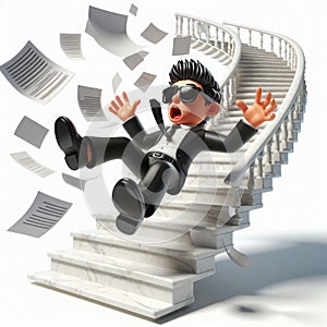 A man in a suit falls down the stairs along with papers.