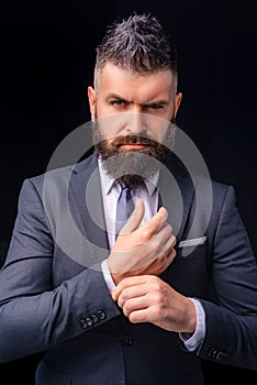 Man suit fashion. Meeting suit. Businessman in dark grey suit. Man in classic suit, shirt and tie. Business confident