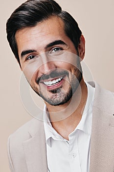 man suit handsome happy businessman smiling portrait successful beige business copyspace