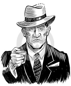 Man in suit and hat drinking a glass of whiskey