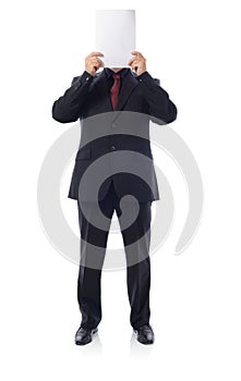 Man in suit holding blanck paper