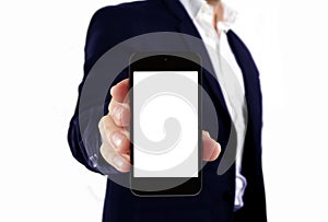 Man in suit holding blank smartphone