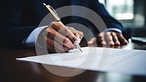 A man in a suit holding his pen and writing on paper, AI