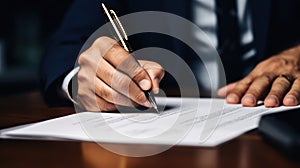 A man in a suit holding pen and writing on paper, AI