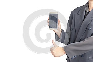 Man with suit holding a phone