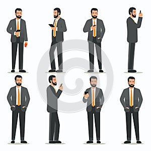 Man in a suit holding phone set vector isolated illustration