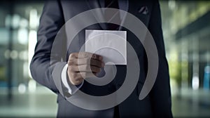 A man in a suit holds a blank sheet of paper in front of him photo