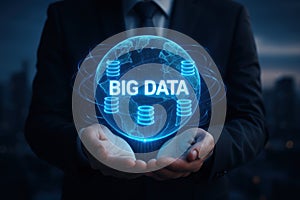 Man in suit holds a holographic big data globe in his hands, symbolizing digital data flow, cloud computing, and modern analytics