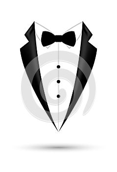 Man suit icon isolated background with bow. Fashion black business jacket design