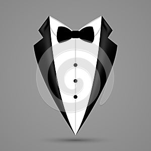 Man suit icon isolated background with bow. Fashion black business jacket design