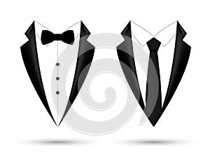Man suit icon isolated background with bow and tie. Fashion black business jacket design