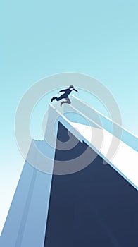 A man in a suit is jumping off a cliff, AI