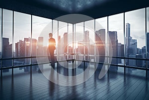 Man in suit looking at the city and sunset. 3d