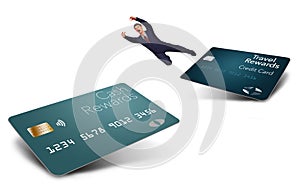 A man in a suit makes the big leap from one type of rewards credit card to another i