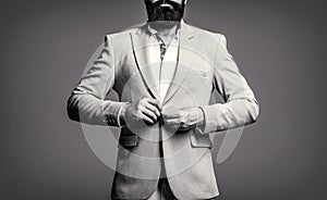 Man in suit. Male beard and mustache. Elegant man in business suit. Sexy male, brutal macho, hipster. Male in tuxedo