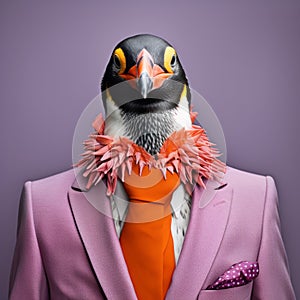Vibrant Penguin Portrait In Pink Suit: Epic Photorealistic Pigeoncore Imagery photo