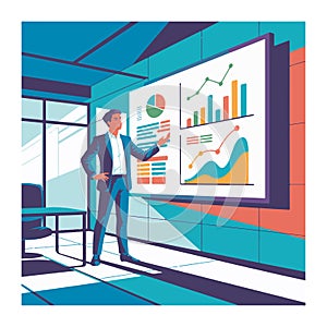 Man in suit presenting charts and graphs on a large screen presentation