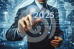 man in suit is pressing button on computer screen that says 2025