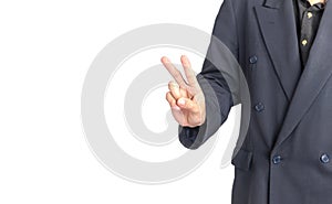 Man with suit raising two fingers up on white