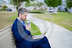 Man in suit rest in park. Business man sitting on bench. Ceo manager work on laptop outside. Handsome freelancer man