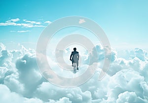 A man in a suit riding a bicycle in the clouds. Escapism concept. Digital art photo
