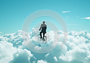 A man in a suit riding a bicycle in the clouds. Escapism concept. Digital art photo