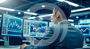 A stock trader looking at monitors