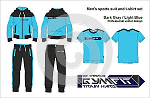 Man suit set zipper hoodie jacket joggers pants t shirt gym blue template photo