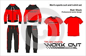 Man suit set zipper hoodie jacket joggers pants t shirt gym work out template photo