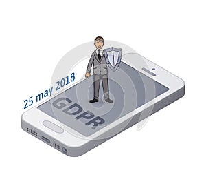 Man in suit with a shield protecting smartphone and personal data. GDPR initiation date. Data protection. GDPR, RGPD photo